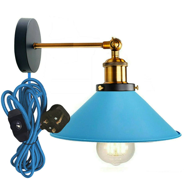 Plug-in wandlamp met metalen kegelvormige lampenkap en dimmerschakelaar~5296 – Blauw / Ja