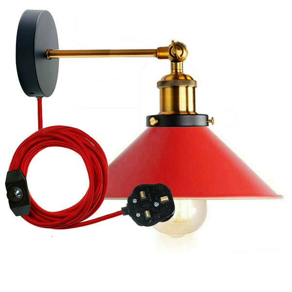 Plug-in wandlamp met metalen kegelvormige lampenkap en dimmerschakelaar~5296 – Rood / Ja