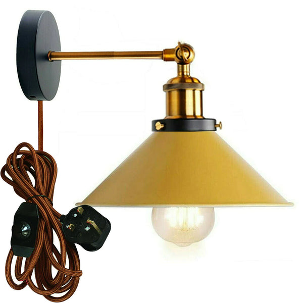 Plug-in wandlamp met metalen kegelvormige lampenkap en dimmerschakelaar~5296 – Geel / Ja