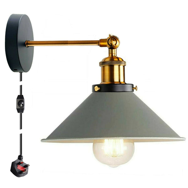 Plug-in wandlamp met metalen kegelvormige lampenkap en dimmerschakelaar~5296 – Grijs / Ja