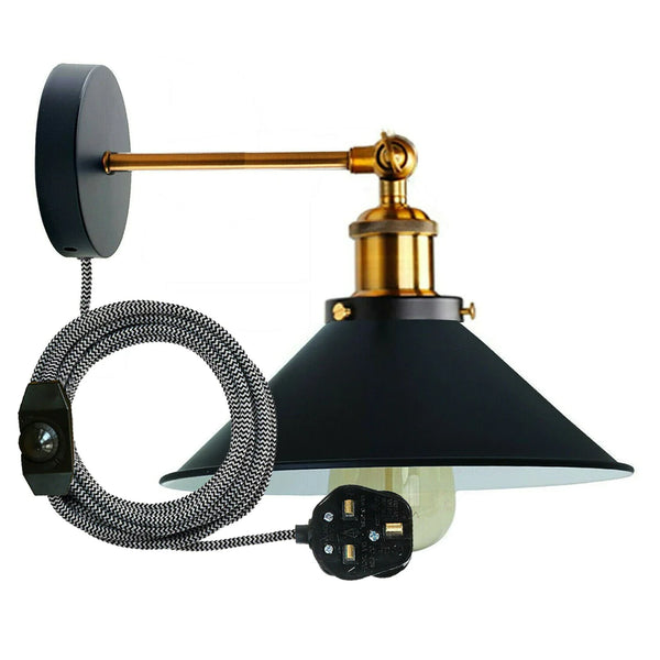 Plug-in wandlamp met metalen kegelvormige lampenkap en dimmerschakelaar~5296 – Zwart / Ja