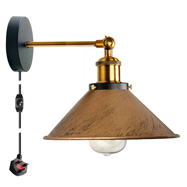 Plug-in wandlamp met metalen kegelvormige lampenkap en dimmerschakelaar~5296 – Geborsteld koper / Ja