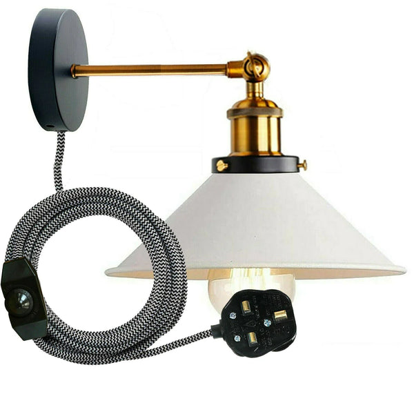 Plug-in wandlamp met metalen kegelvormige lampenkap en dimmerschakelaar~5296 – Wit / Ja