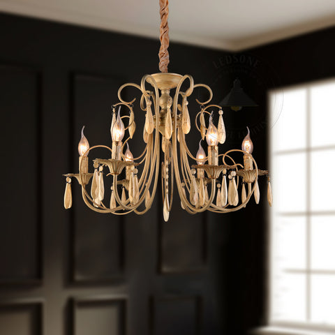 Traditionele geborstelde gouden 6-armige kristallen kroonluchter plafondlamp kaarslamp ~ 4617