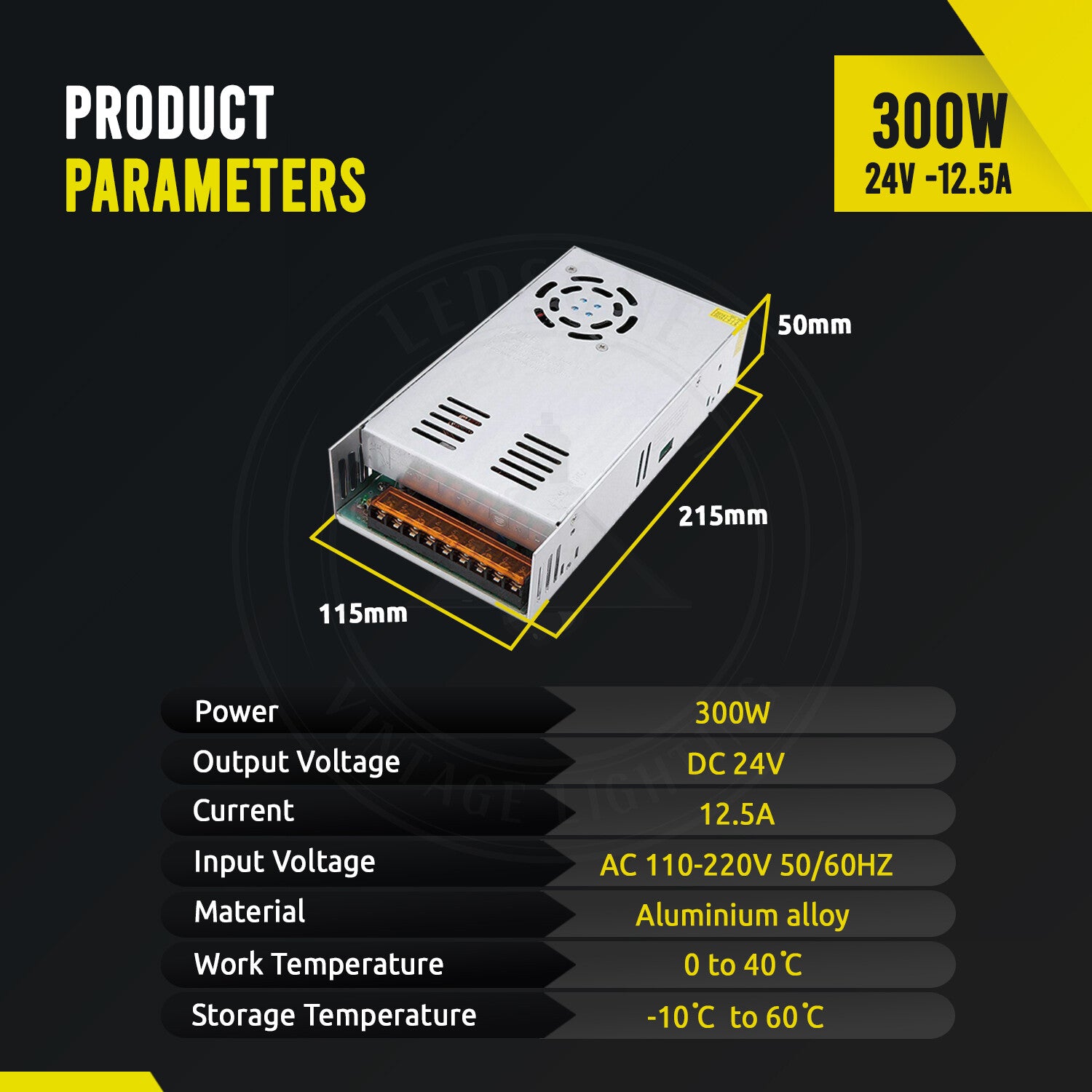 Power supply unit with dimensions and specifications on a black background
