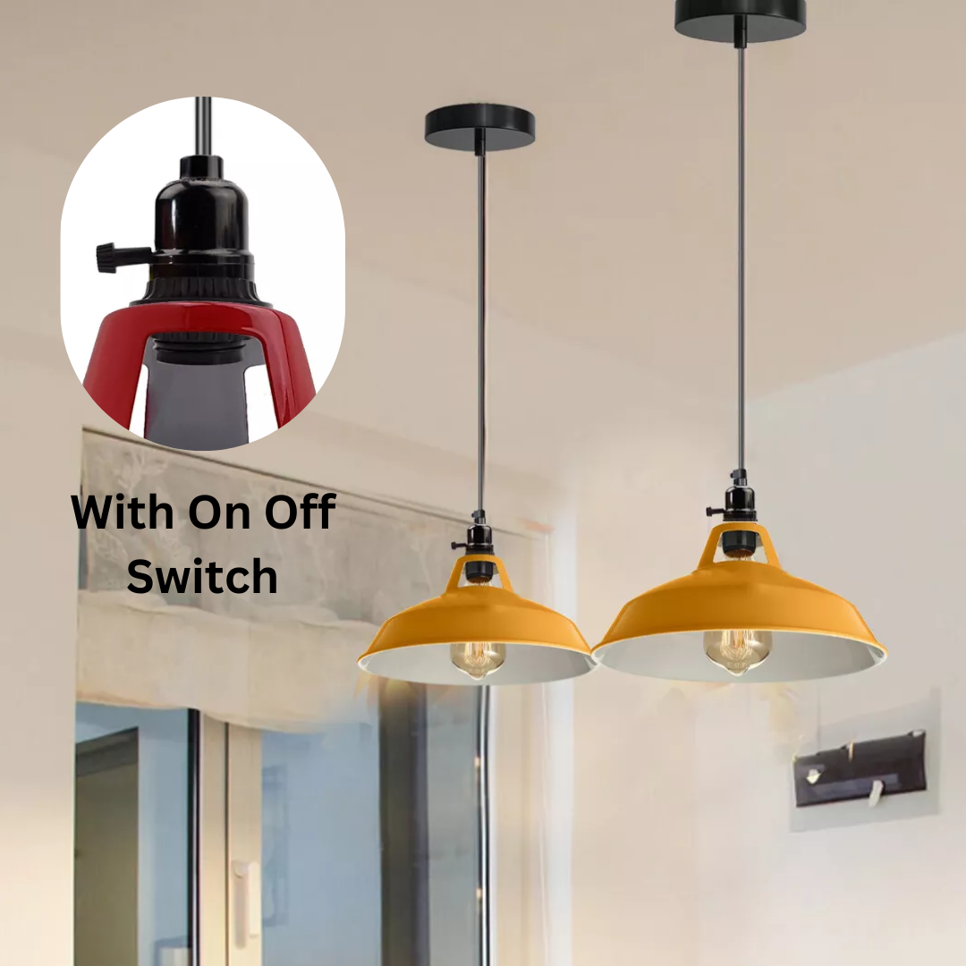 pair of yellow industrial-style pendant ceiling lights