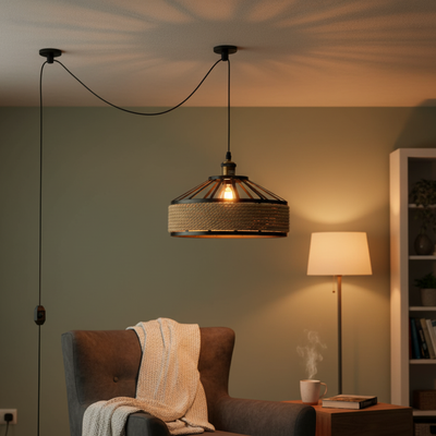 2m Plug in Pendant Light Hemp Rope with Dimmer ~6447