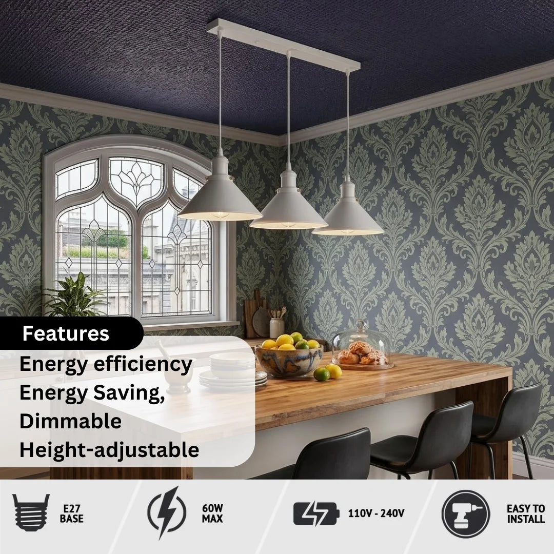A 3-light linear pendant ceiling fixture with white dome-shaped shades hanging over a wooden dining table in a styled room with patterned wallpaper, a window, and a features infographic overlay at the bottom.