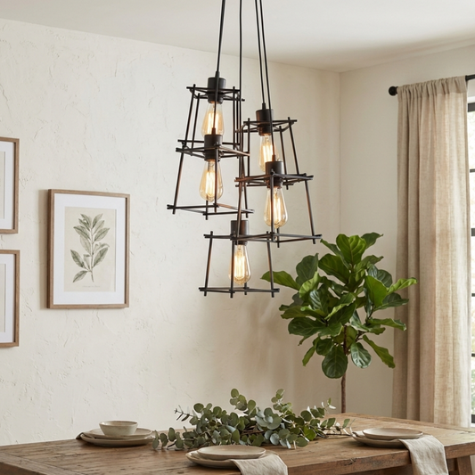 5-Light Industrial Cluster Pendant with Black Geometric Cages ~6584
