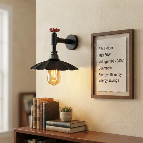Vintage industriële pijpwandlamp met parasolkap ~1250