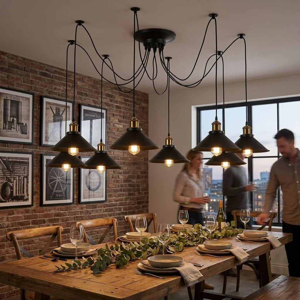 A dining room scene with a large multi-light pendant chandelier hanging over a wooden dining table set.background.