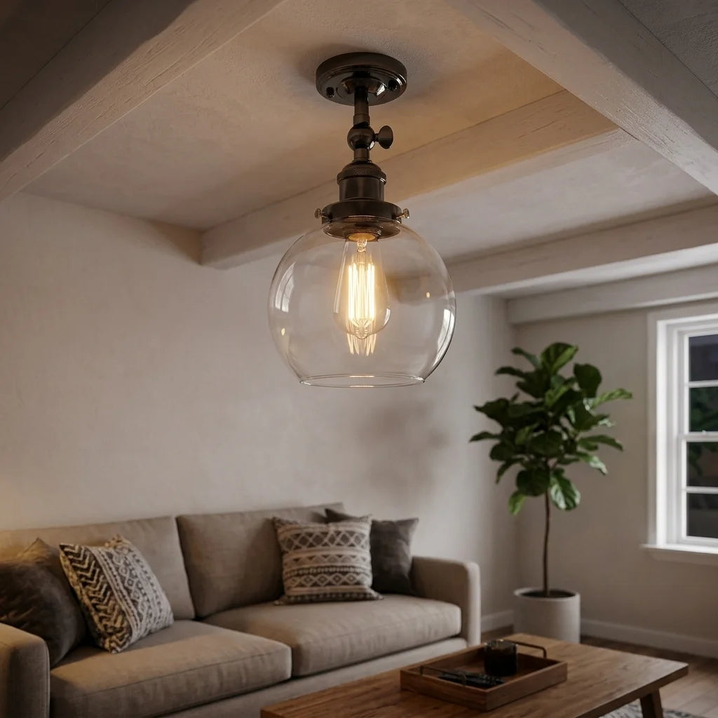 A hanging pendant light with a large clear glass globe shade and an exposed Edison-style bulb, suspended from a ceiling in a styled living room with a sofa, pillows, coffee table, and potted plant.