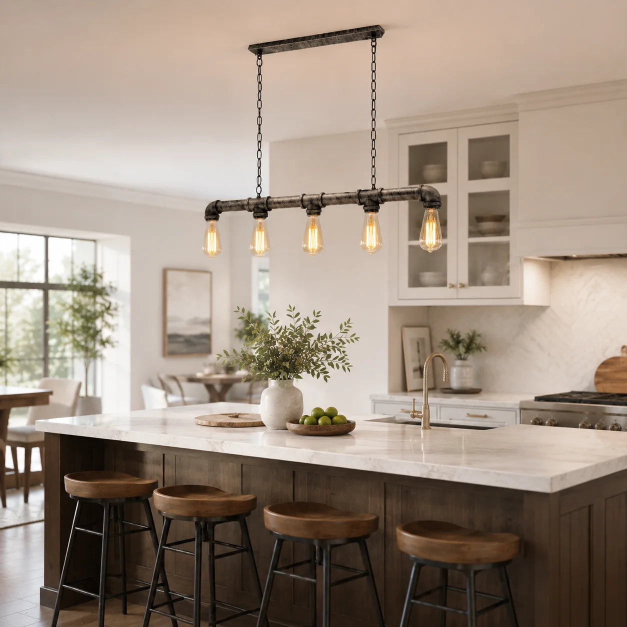 A modern industrial-style five-light pendant chandelier with a black metal frame and exposed Edison bulbs, hanging over a kitchen island with wooden bar stools.