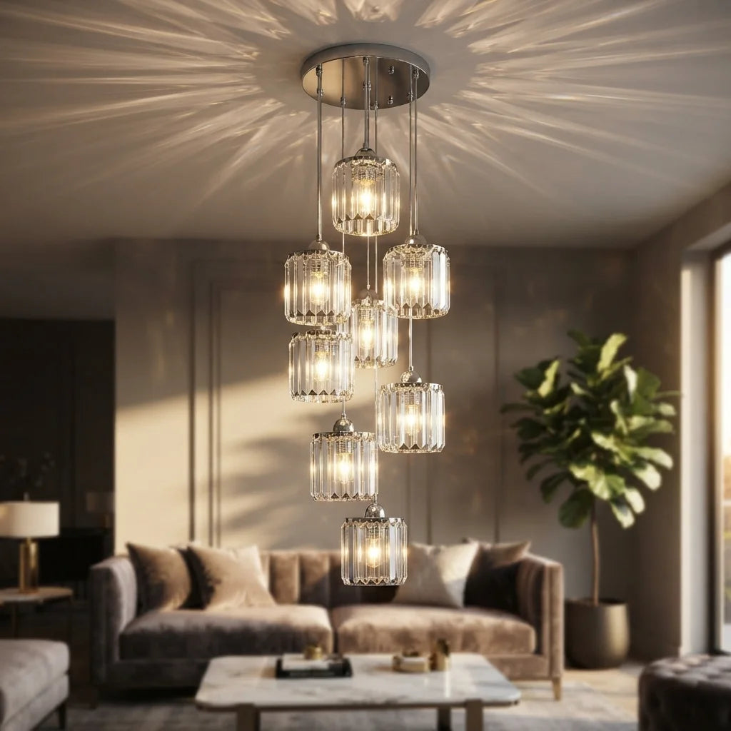 A modern multi-tier chandelier with clear ribbed glass cylindrical shades and warm glowing bulbs, hanging in a stylishly decorated living room with a sofa, coffee table, and potted plant.