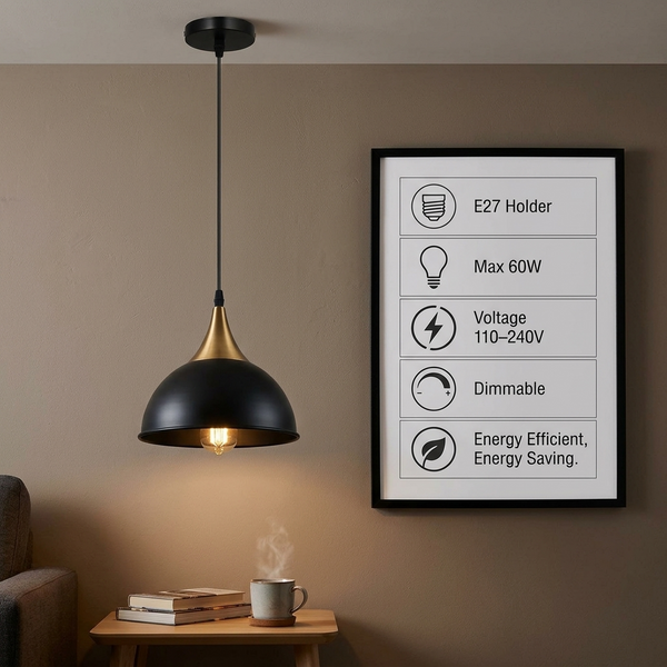 E27 Metal Pendant Light 21cm Dome Dimmable ~6265 – Black / With Bulb