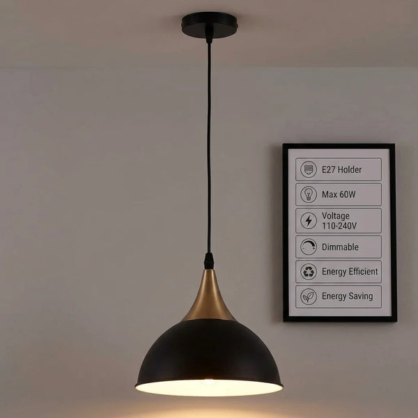 E27 Metal Pendant Light 21cm Dome Dimmable ~6265 – Black inner White / With Bulb