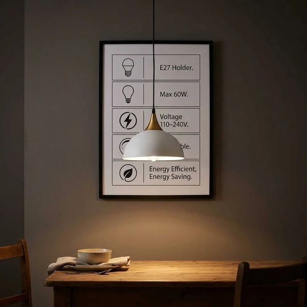 E27 Metal Pendant Light 21cm Dome Dimmable ~6265 – White / With Bulb