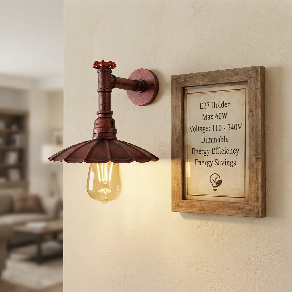 A rustic wall-mounted sconce with a dark reddish-brown metal fixture and a glowing warm bulb, shown on a beige wall next to a framed technical specification sign.