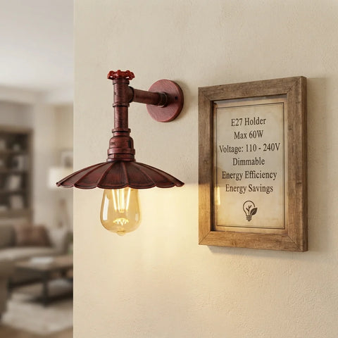 Vintage industriële pijpwandlamp met parasolkap ~1250