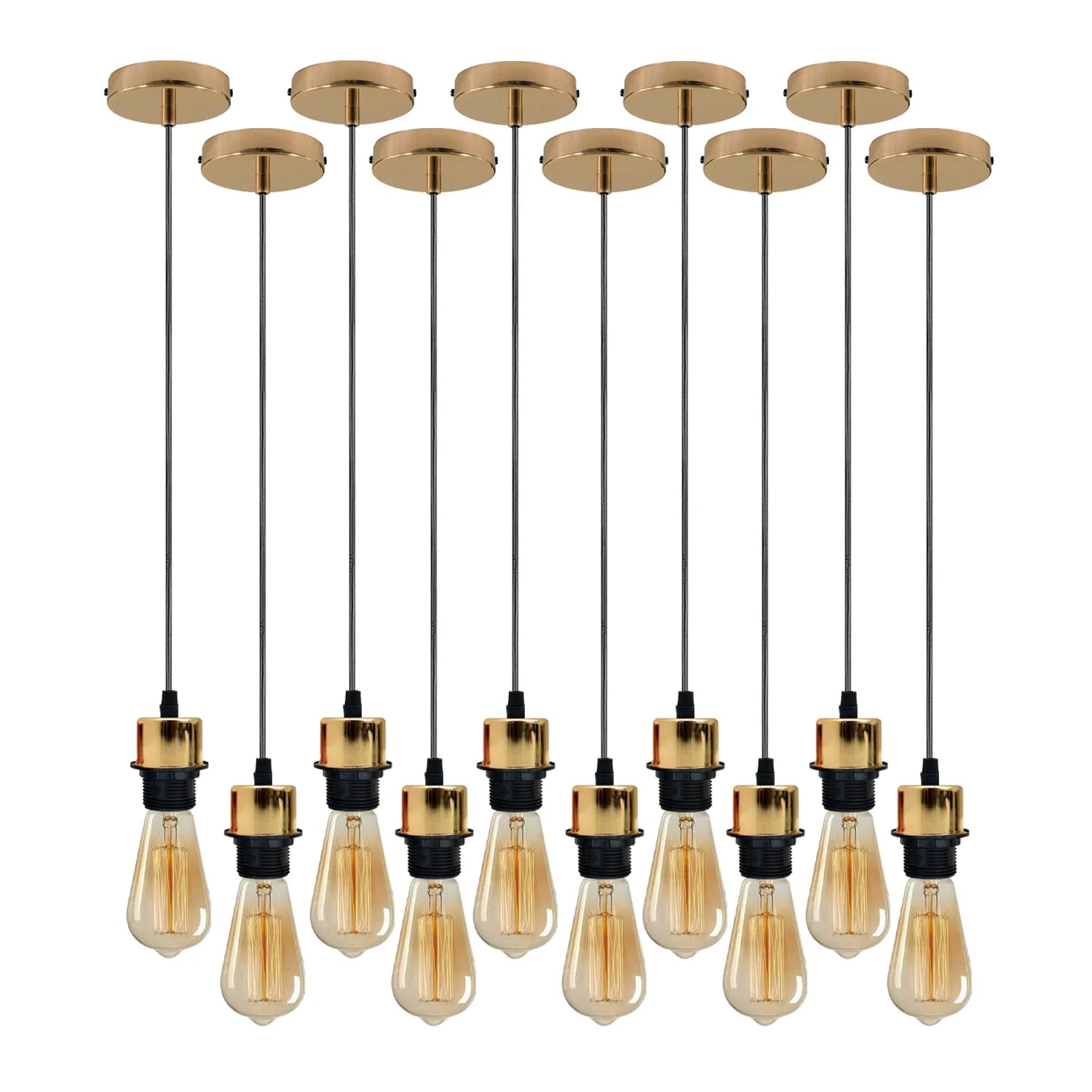 A set of 10 pendant light fixtures with a gold color and a vintage style, equipped with E27 sockets and hanging cables.
