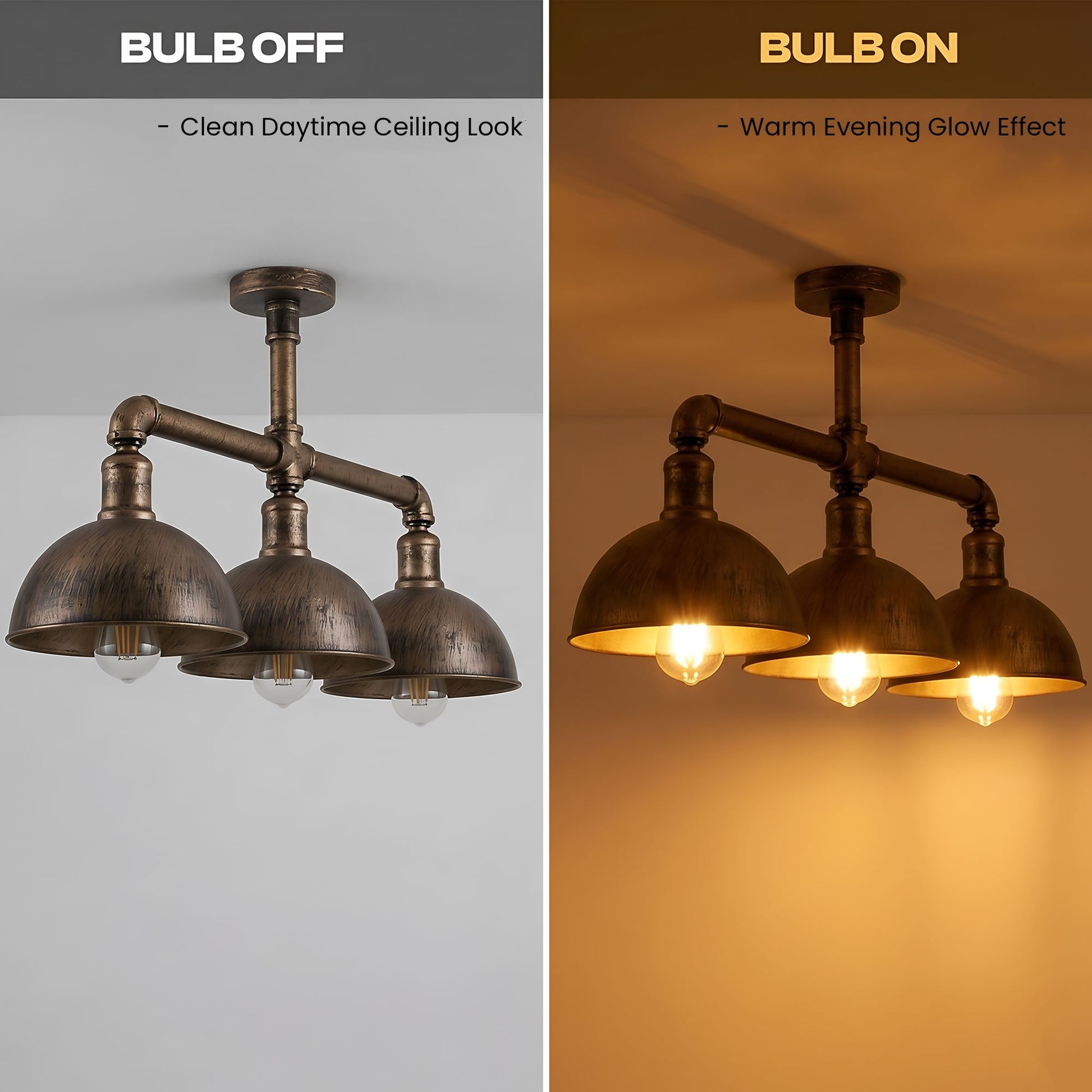 A three-light industrial ceiling fixture shown in a split comparison: left side labeled 'BULB OFF' with the lights off and a clean white ceiling background, and right side labeled 'BULB ON' with the lights on and warm golden glow against a brown wall. The fixture has an aged bronze metal finish with dome-shaped shades and visible bulb sockets.