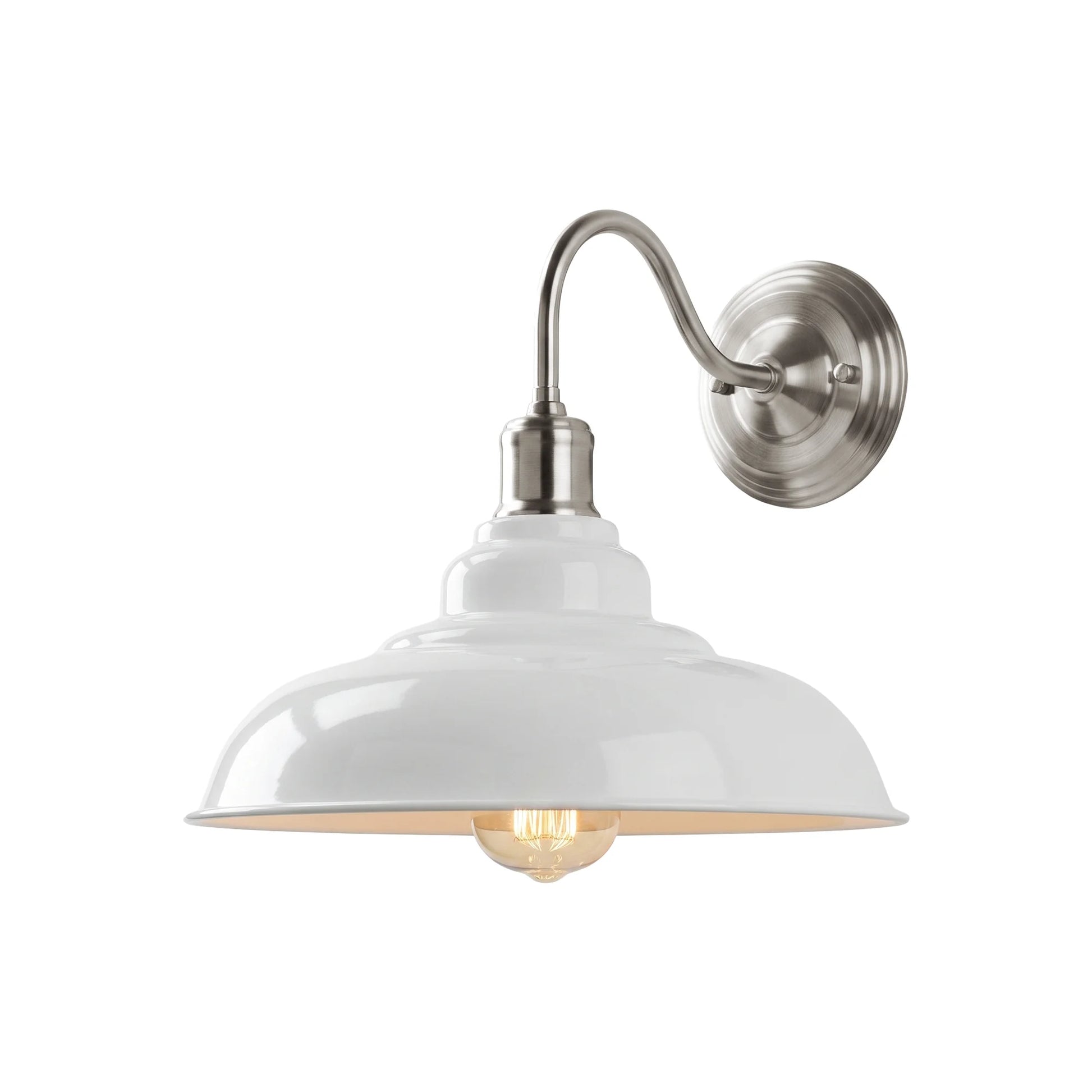 A wall-mounted sconce light fixture with a white dome-shaped glass shade, a curved brushed nickel metal arm, and a visible warm-toned bulb inside, shown against a plain white background.