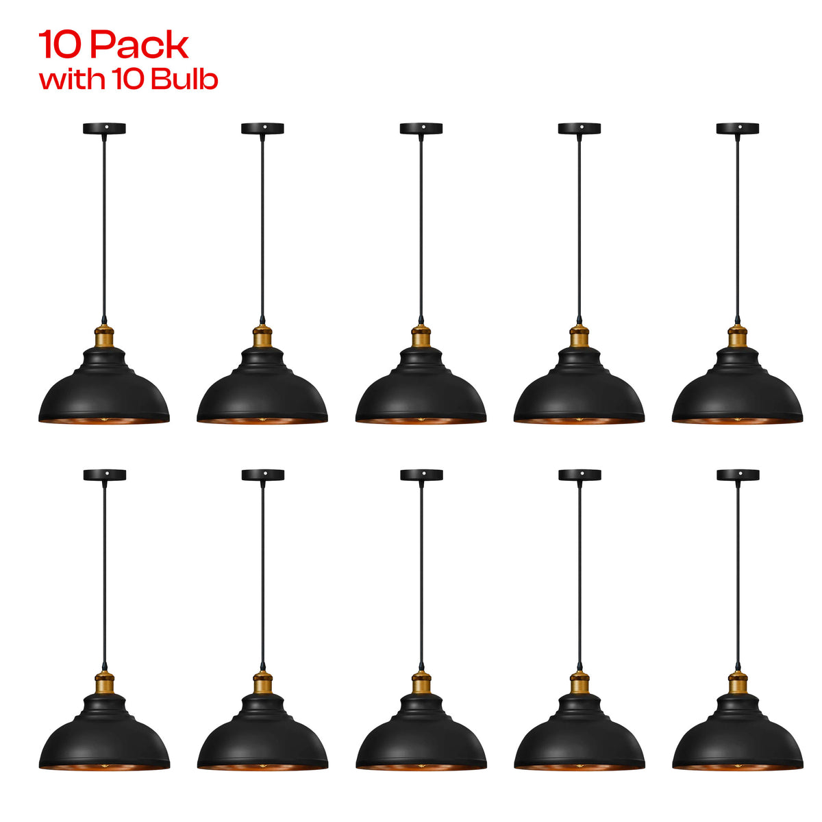 Ten black pendant light fixtures with gold accents and black cords, arranged in two rows on a white background, with red text in the top left reading '10 Pack with 10 Bulb'.