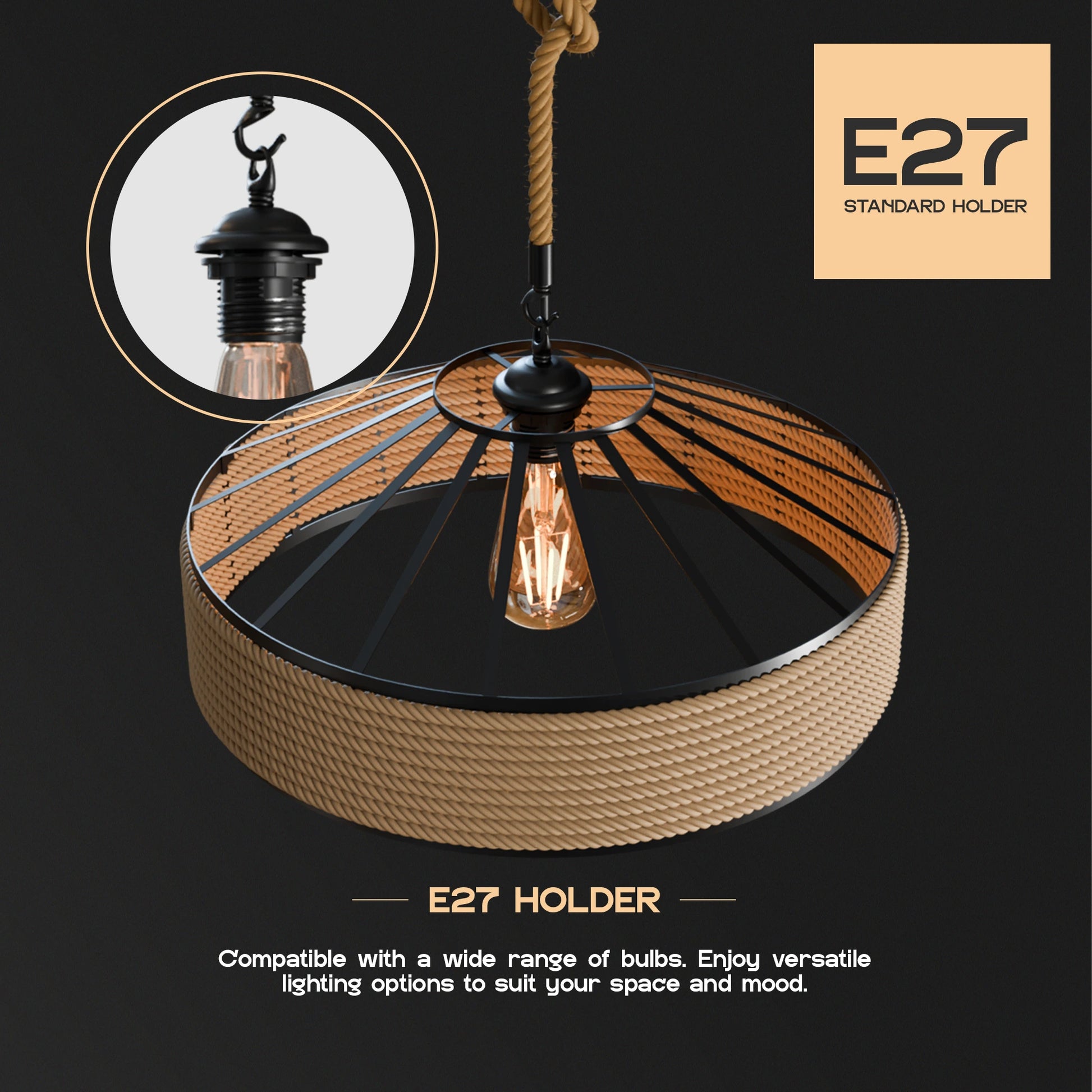E27 socket pendant light with rustic hemp rope and metal cage for cozy interiors.
