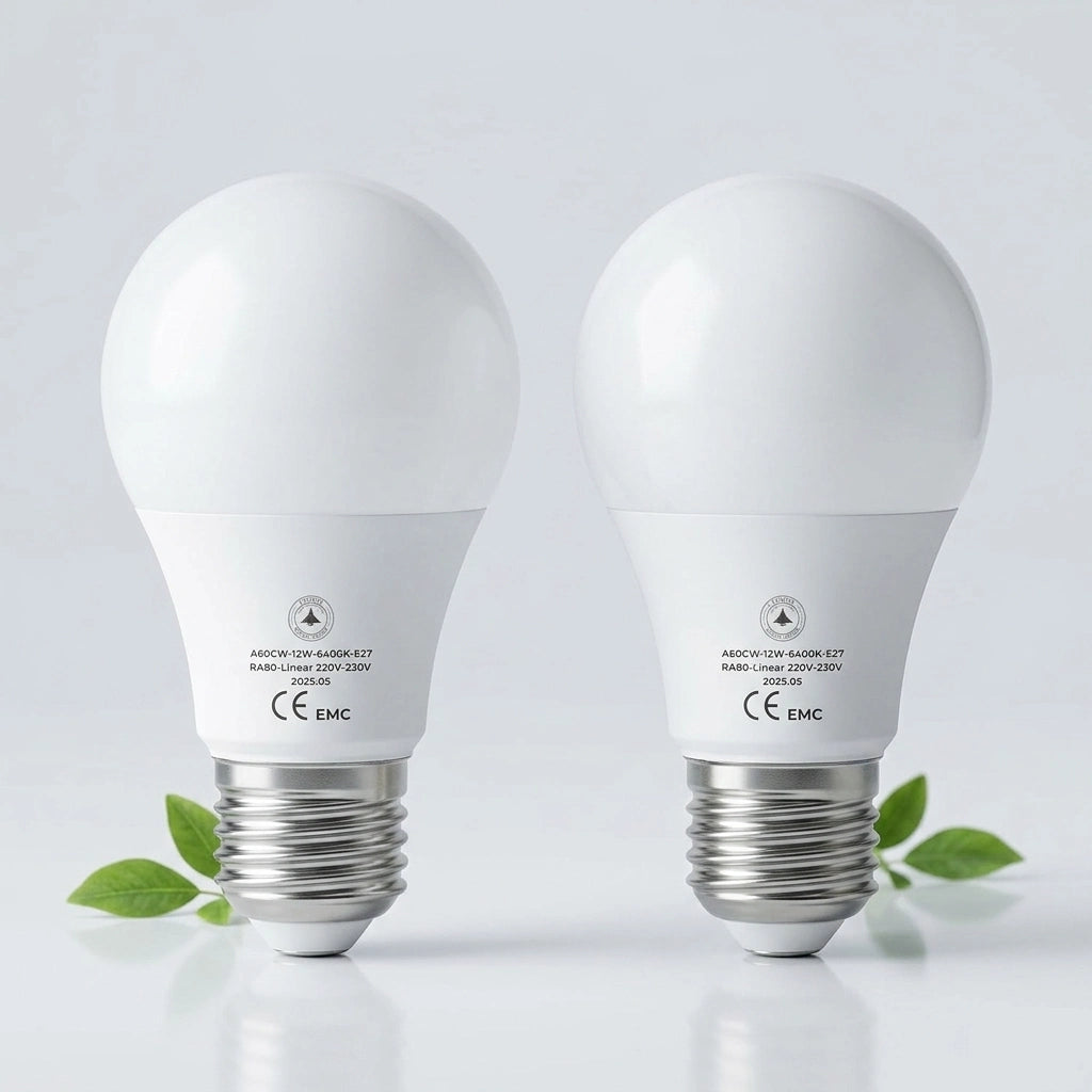 Two white LED light bulbs with silver screw bases, shown side by side on a light gray reflective surface with small green leaves at the base of each bulb.