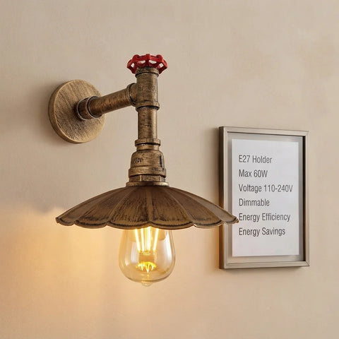Vintage industriële pijpwandlamp met parasolkap ~1250