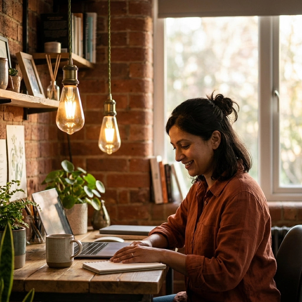 A woman with dark hair in a bun sits at a wooden desk in a cozy, rustic office space with exposed brick walls, working on a laptop and writing in a notebook. She is wearing a rust-orange button-up shirt.