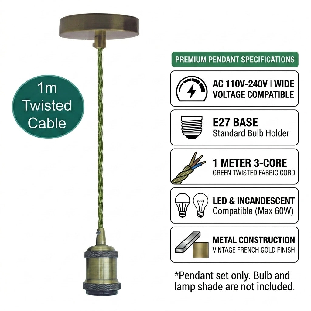 A pendant light fixture with a round brass-toned ceiling canopy, twisted green fabric cord, and matching metal socket, shown on a white background with printed product specifications and a green badge reading '1m Twisted Cable'.