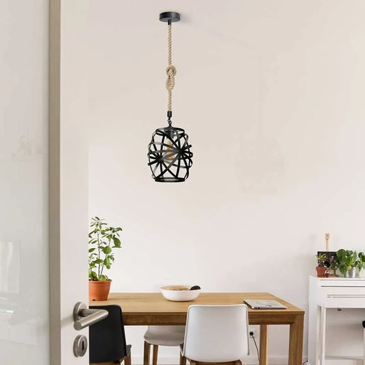 Hanglamp van henneptouw met metalen kooi, zwart - E27-fitting ~5026