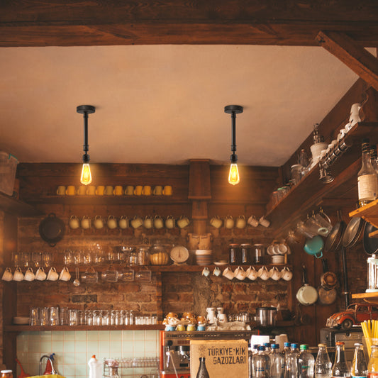 Industriële plafondlamp E27 houder zwart semi-flush pijp vintage verlichting ~5462