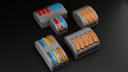 Selection of compact 2-way, 3-way, and 5-way lever electrical wire connectors for quick cable joint splicing.