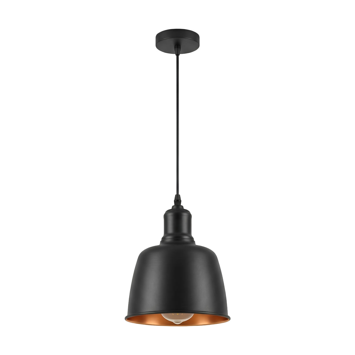 A modern industrial-style pendant light with a matte black metal dome shade featuring a warm copper interior, suspended from a matching black ceiling canopy against a solid white background.