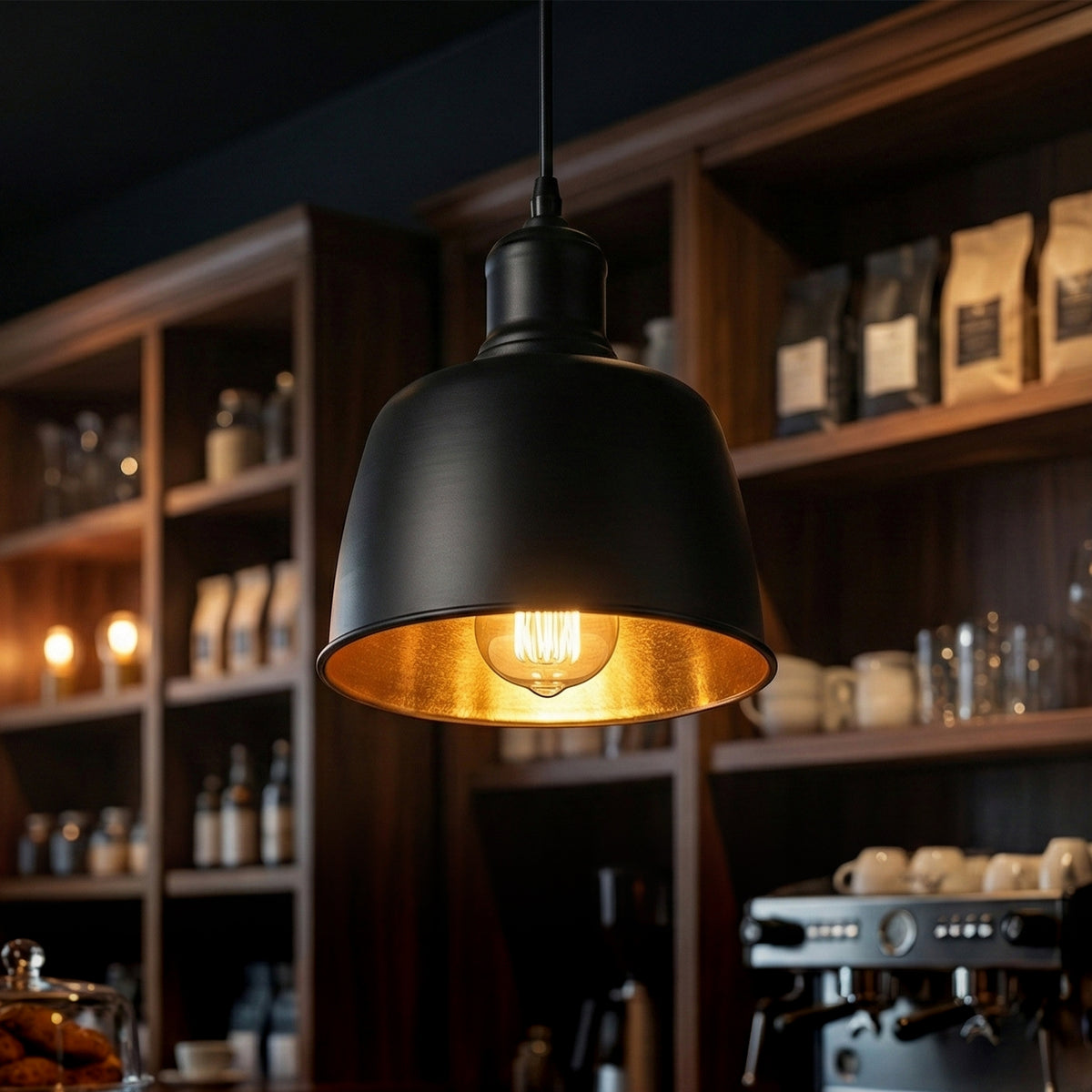 A black metal pendant light with a warm gold interior shade hangs over a coffee station in a cafe setting with wooden shelves and coffee equipment in the background.