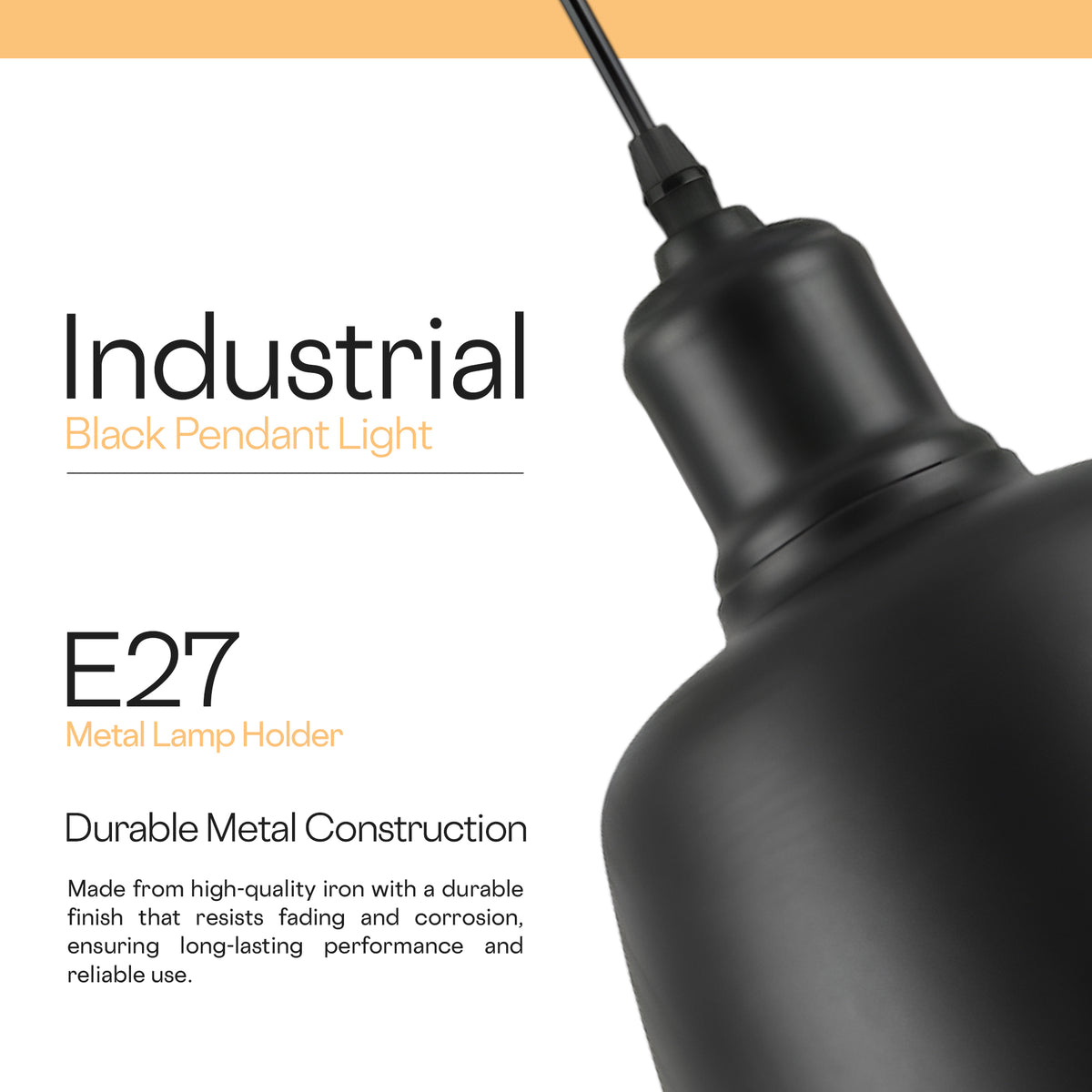 Close-up of a matte black industrial pendant light metal lamp holder with a cord, shown on a white background with text reading 'Industrial Black Pendant Light' and 'E27 Metal Lamp Holder'.