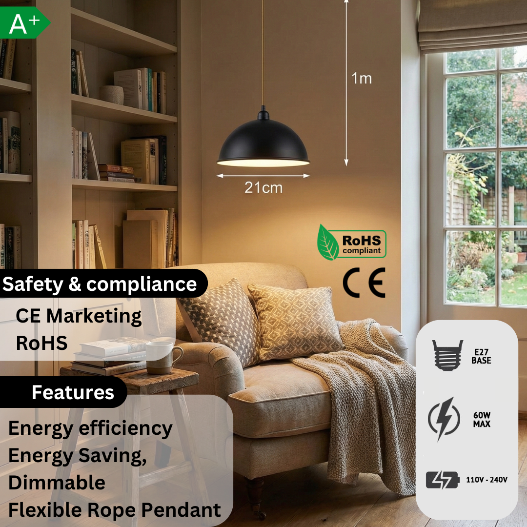 Black pendant light hanging above a sofa in a living room with safety and compliance information displayed.