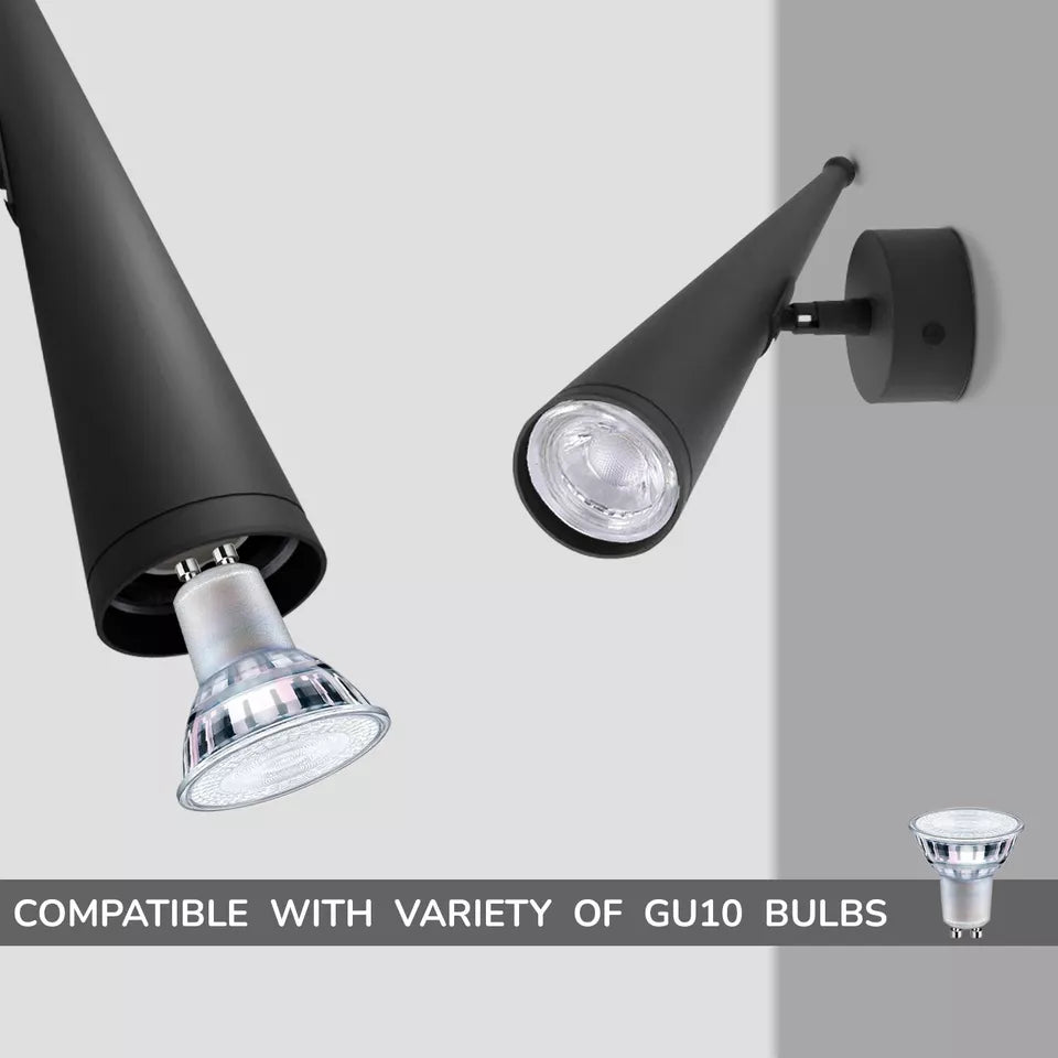 Black wall-mounted light fixture with GU10 bulbs on a white background