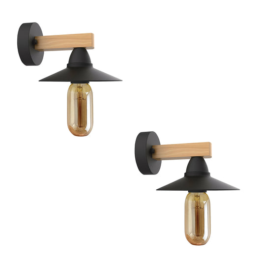 2-pack zwarte LED wandlamp van hout, 15 cm lampenkap, E27 lamphouder ~ 4348