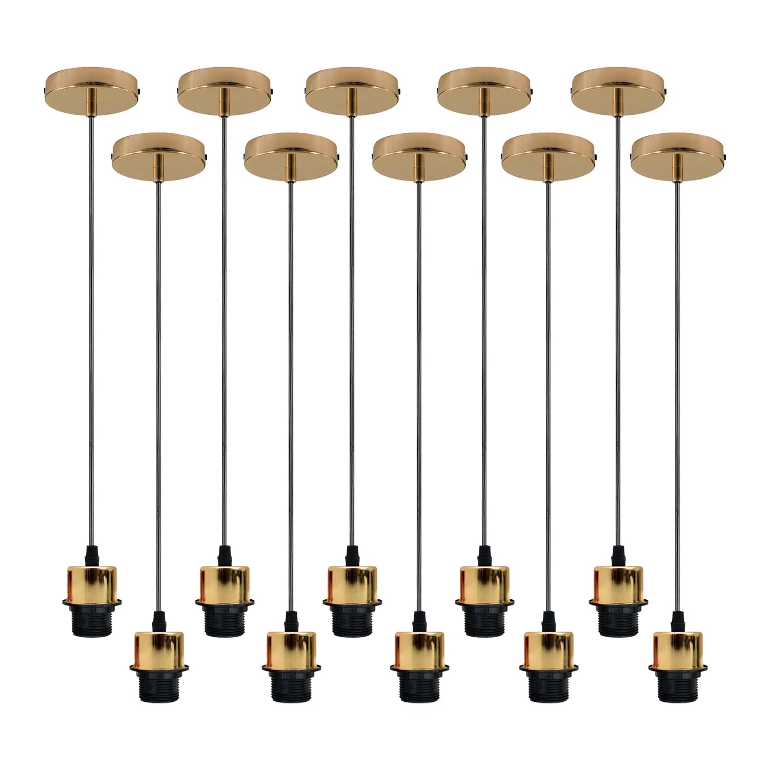 A set of 10 pendant light fixtures with a gold color and a vintage style, equipped with E27 sockets and hanging cables.