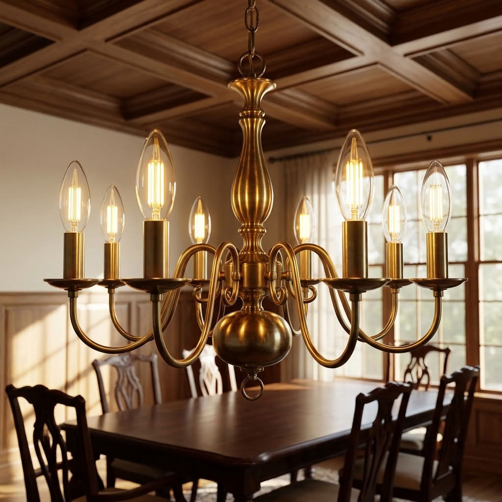 A multi-arm brass chandelier with clear glass candle-style bulbs hanging in a warm, wood-paneled dining room.