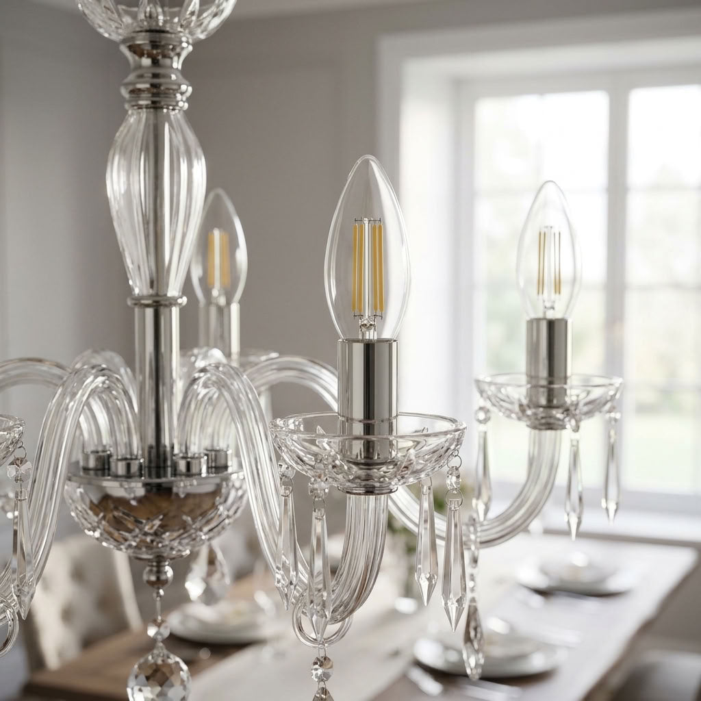 A close-up of a clear glass and silver chandelier in a bright dining room with a window in the background.