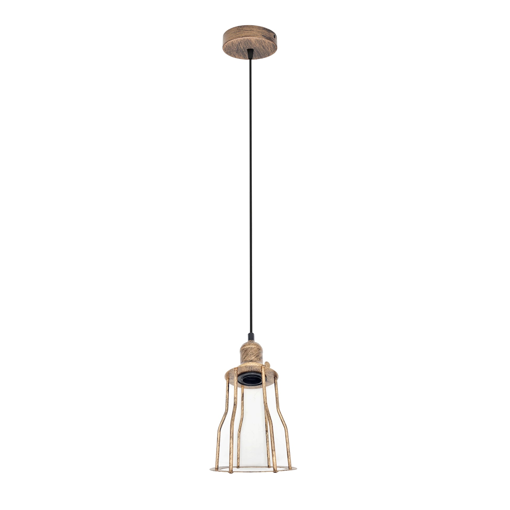 Pendant light with wooden shade and glass cover on a white background