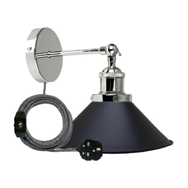 Plug-in wandlamp met metalen kegelvormige lampenkap en dimmerschakelaar~5296 – Zwart+Chroom / Ja
