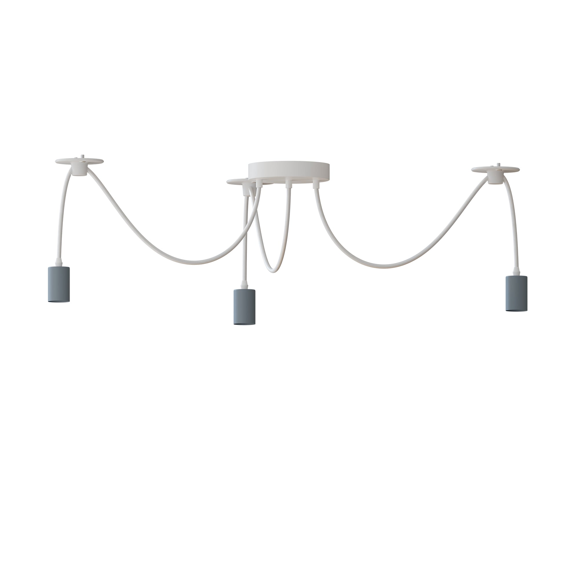 Three pendant ceiling lights with adjustable cables, each in different colors (blue, red, and green) and a central white metal ceiling rose.