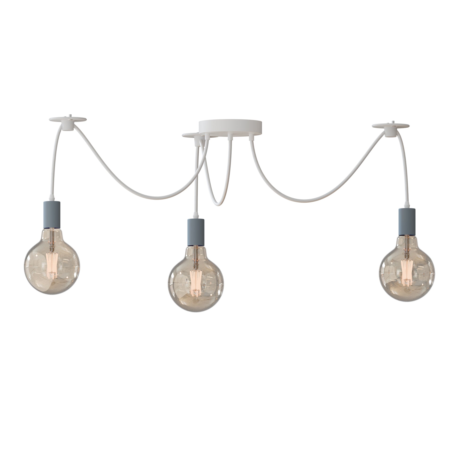 Three pendant ceiling lights with adjustable cables, each in different colors (blue, red, and green) and a central white metal ceiling rose.