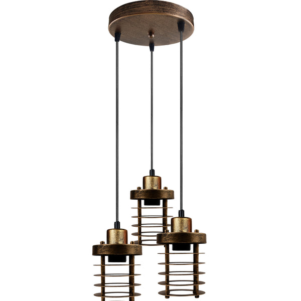 Cluster 3-lichts plafondlamp in de vorm van een metalen kooi. ~5313 – Geborsteld koper / Nee