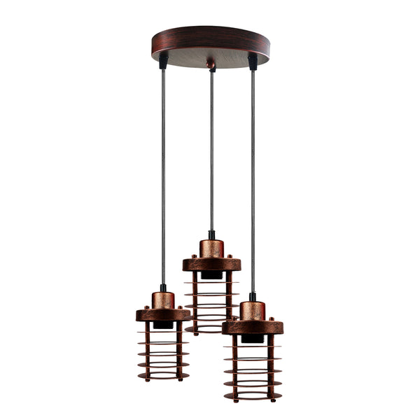 Cluster 3-lichts plafondlamp in de vorm van een metalen kooi. ~5313 – Rustiek Rood / Nee